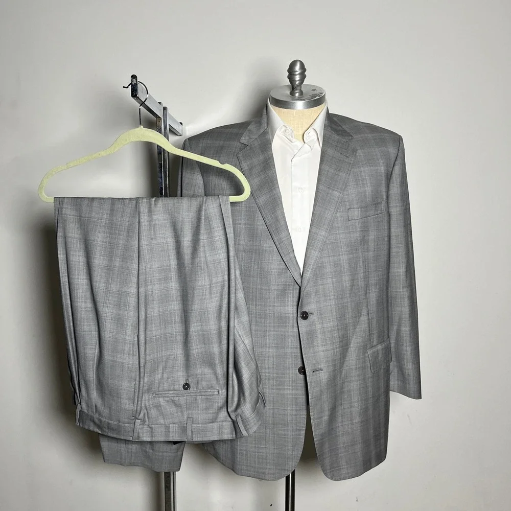 Jos. A. Bank Suit Mens 50L 47W Grey Glen Plaid Signature Gold Wool 2-Button